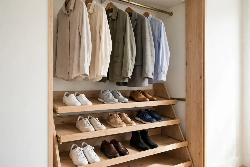 Slanted shoe shelves at the base of a closet showing pairs of shoes.