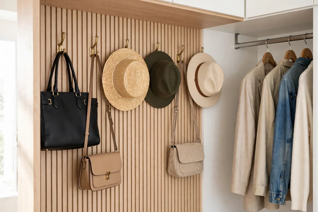 Closet side wall with hooks holding bags and hats.