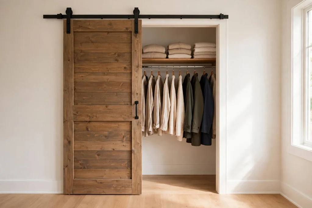 Small bedroom closet with a sliding barn style door saving floor space.