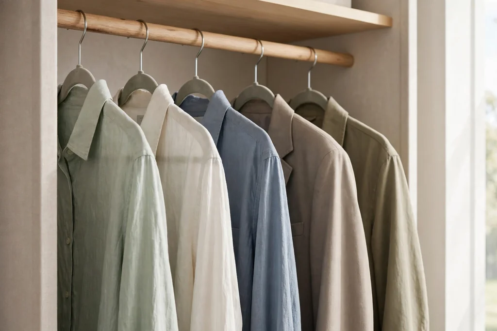 Closet rail with slim matching hangers holding neatly spaced clothes.