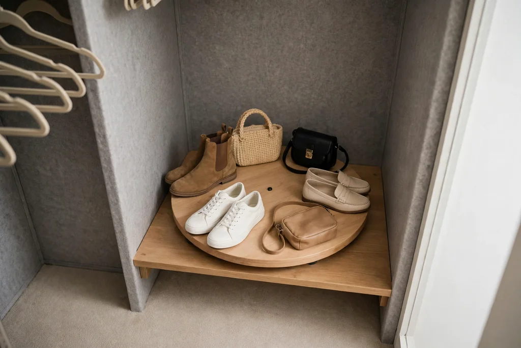 Turntable in a deep closet corner holding shoes and small bags.
