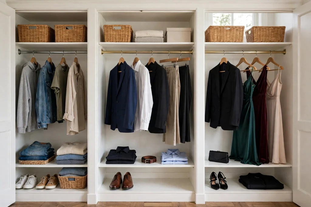 Closet divided into daily, work, and occasion zones on separate rails.