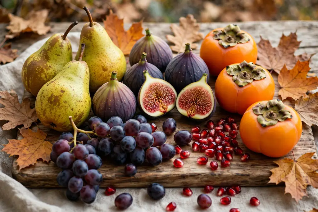 Autumn fruit tray with figs, persimmons, pears, grapes, and pomegranate seeds on wood.