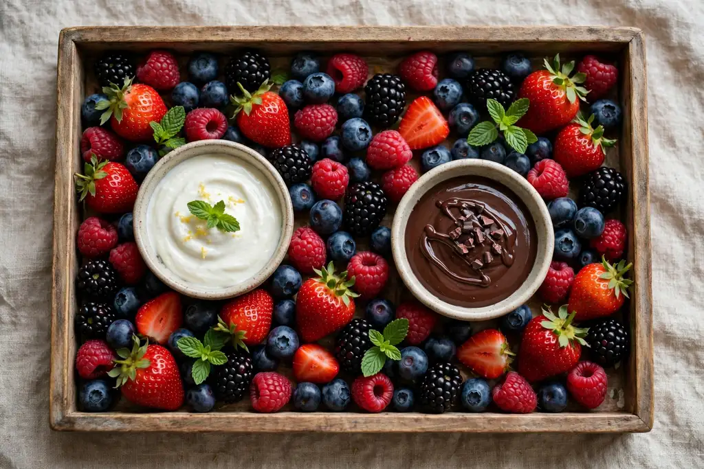 Shallow tray of mixed berries with two small bowls of dip in the gaps.
