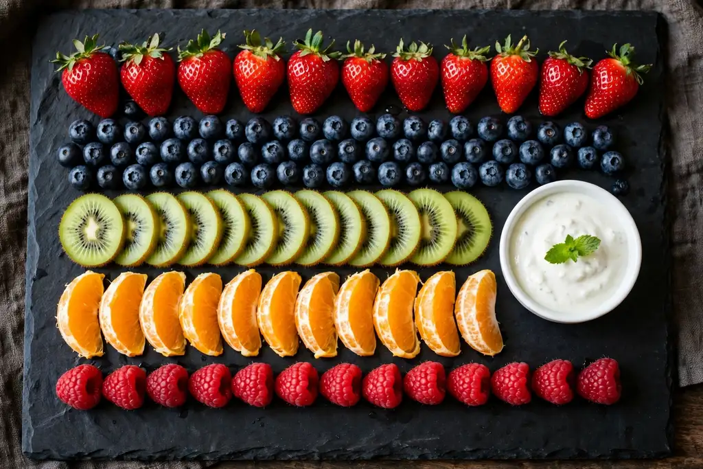 Black slate tray with bright fruit arranged in straight rows and a white dip bowl.