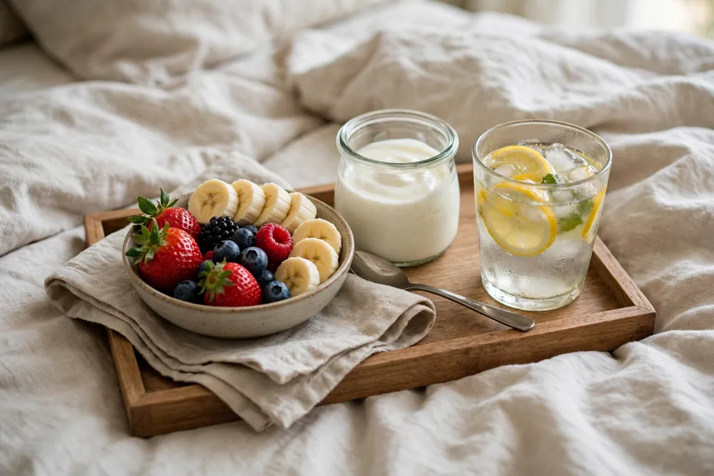 Small breakfast in bed tray with a bowl of berries and banana, a yogurt pot, and a drink.