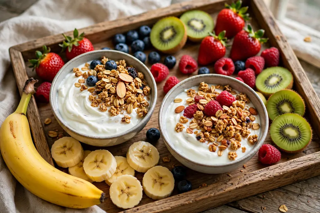 Breakfast fruit tray with yogurt and granola bowls surrounded by banana, berries, and kiwi.