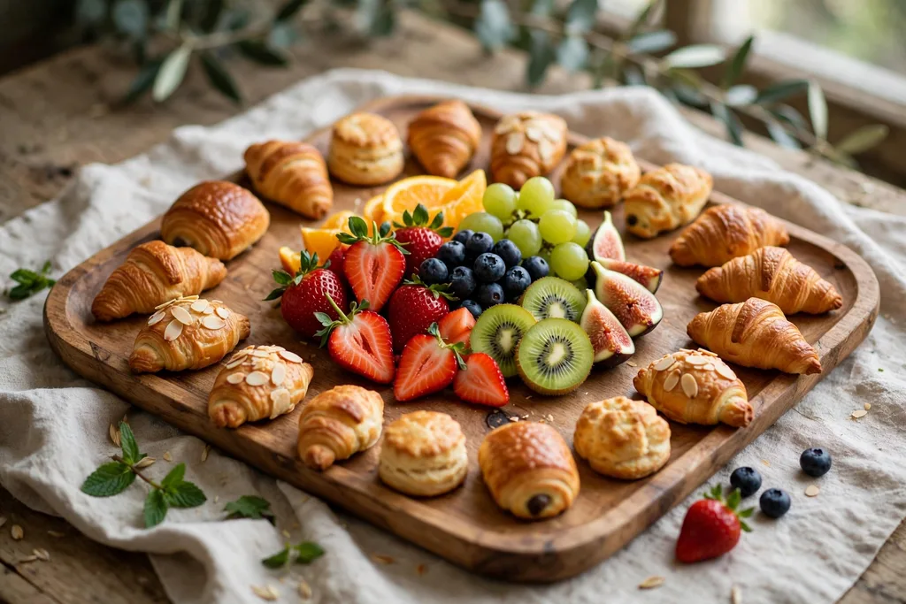 Brunch tray with fruit at the center and small pastries around the edge.