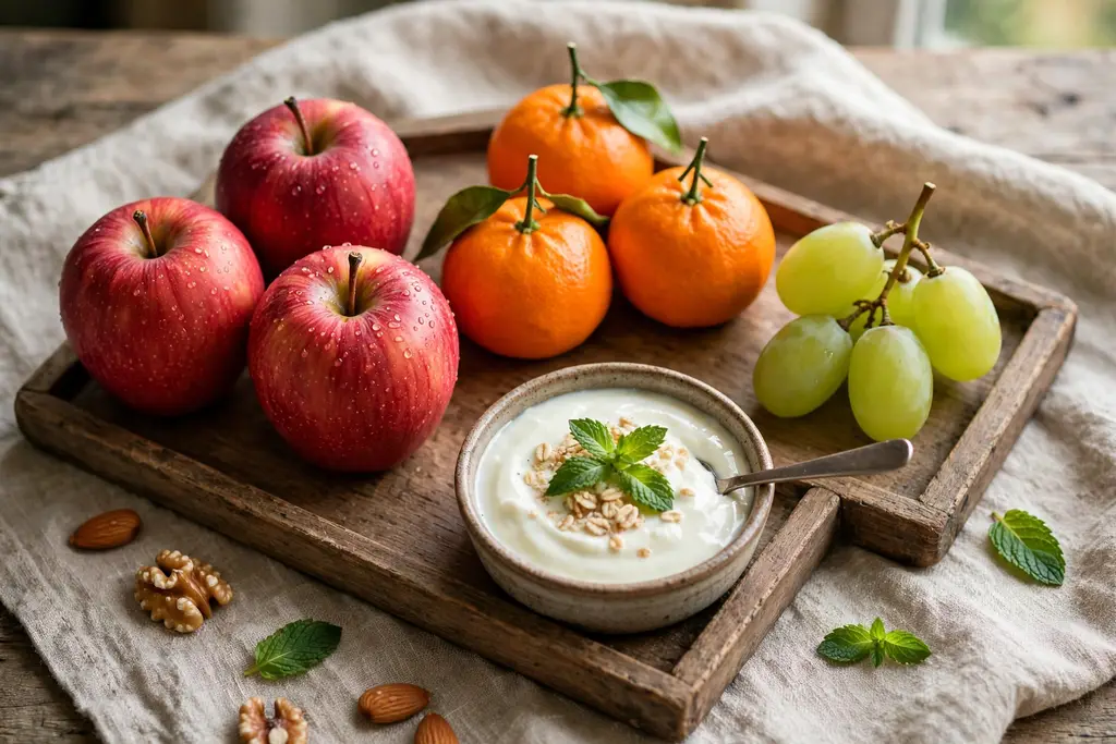 Budget fruit tray with generous groups of three seasonal fruits and a yogurt dip.