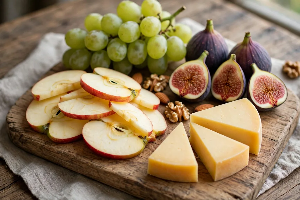 Fruit and cheese board with apple slices, grapes, figs, and cheese wedges.