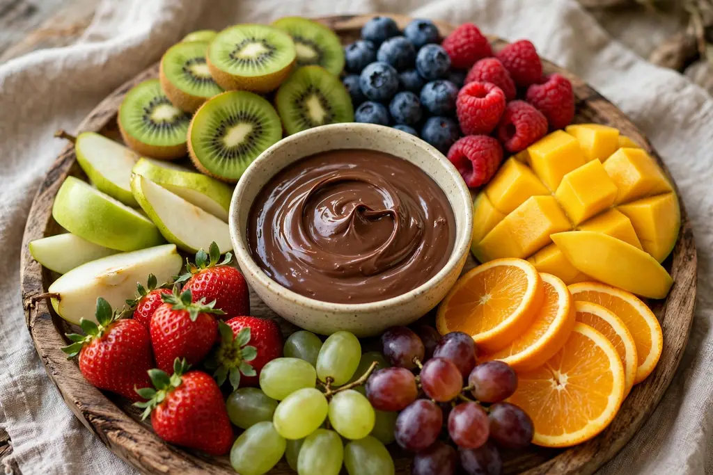 Dessert fruit tray with a chocolate dip bowl in the center and grouped fruit around it.