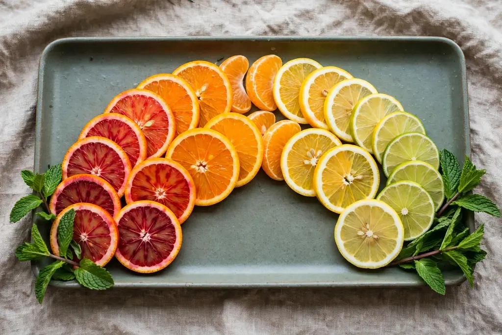 Citrus slices arranged in a rainbow arc across a flat tray with mint at the ends.