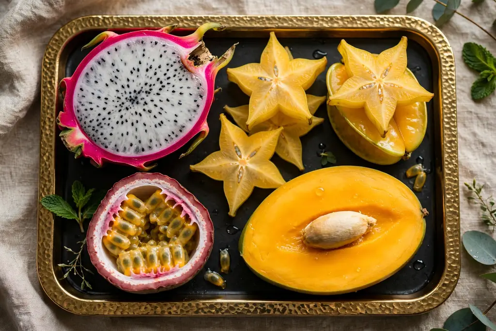 Luxury tray with dragon fruit, starfruit, passion fruit, and mango cut to show shapes.