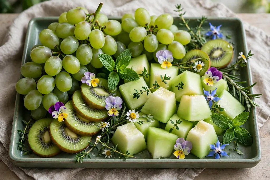 Green fruit tray with grapes, kiwi, honeydew, herbs, and edible flowers.
