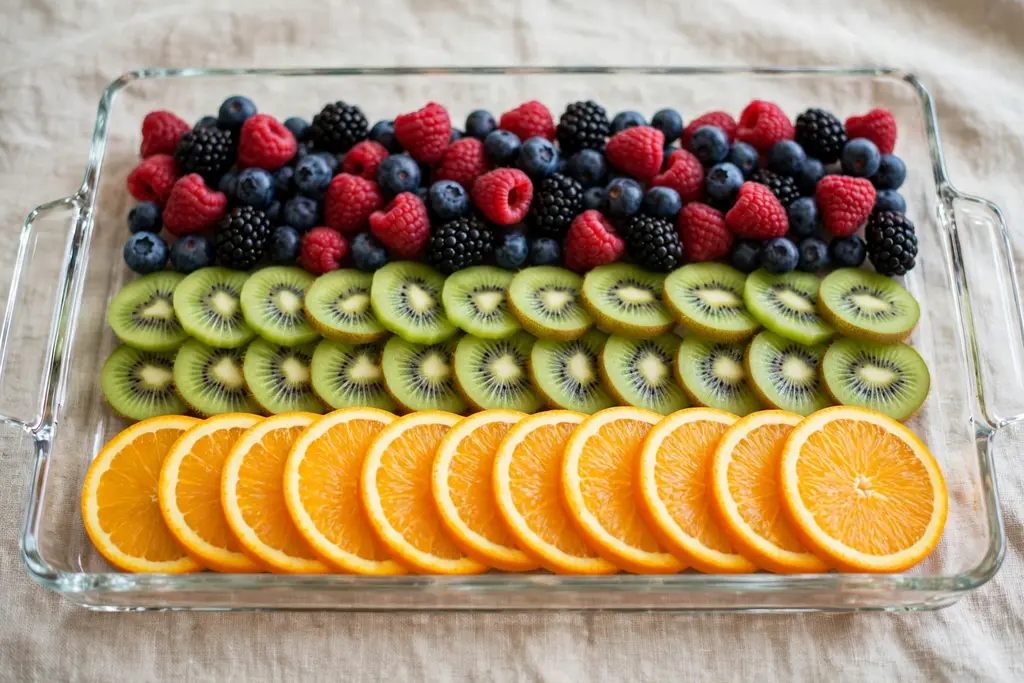 Clear glass tray with layered bands of berries, kiwi, and orange slices.