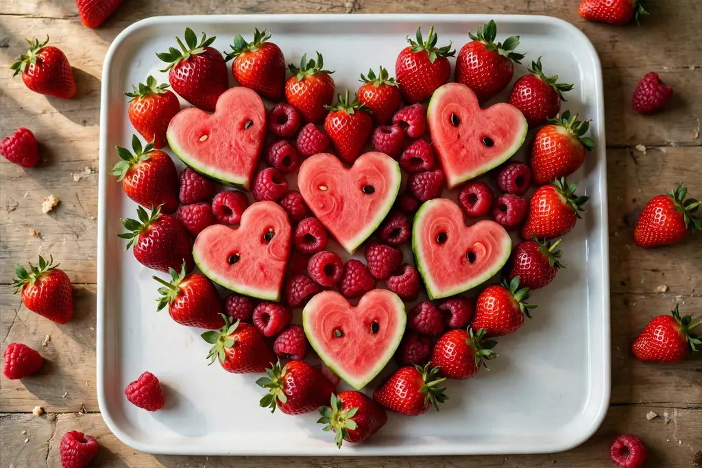 Heart shaped fruit arrangement with strawberries, raspberries, and watermelon hearts.