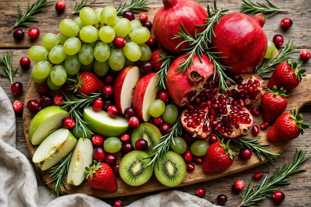 Holiday fruit tray with red and green fruit, cranberries, and rosemary sprigs.