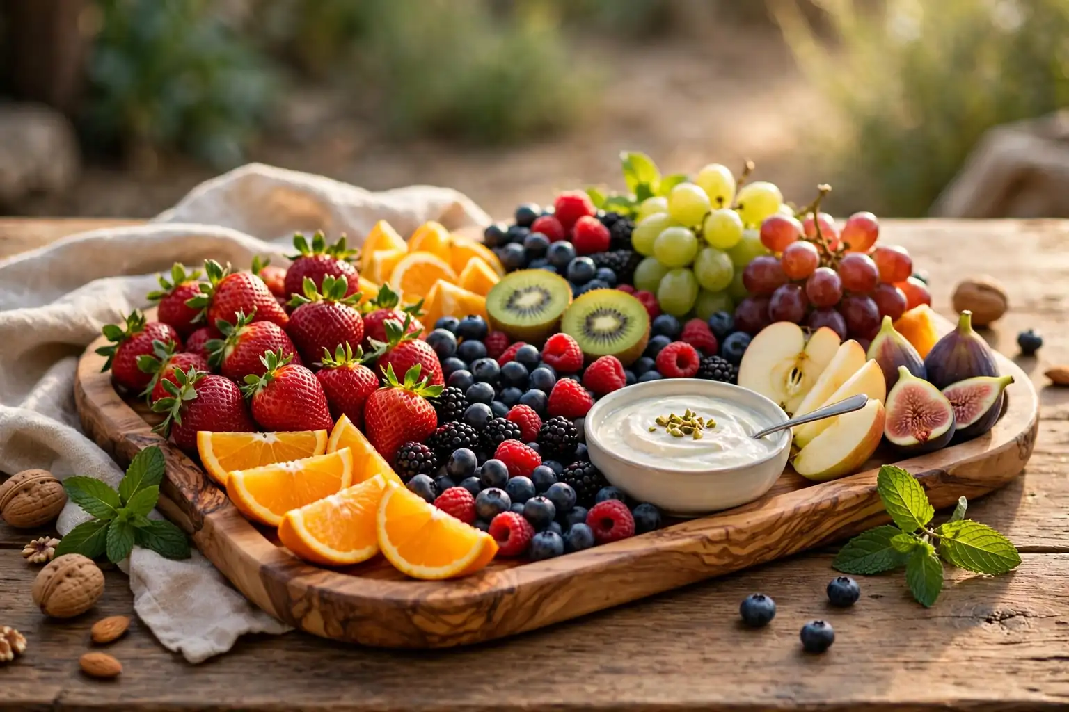Wide welcoming fruit tray on a wood table with mixed fruit, berries, and a small dip bowl in warm daylight.