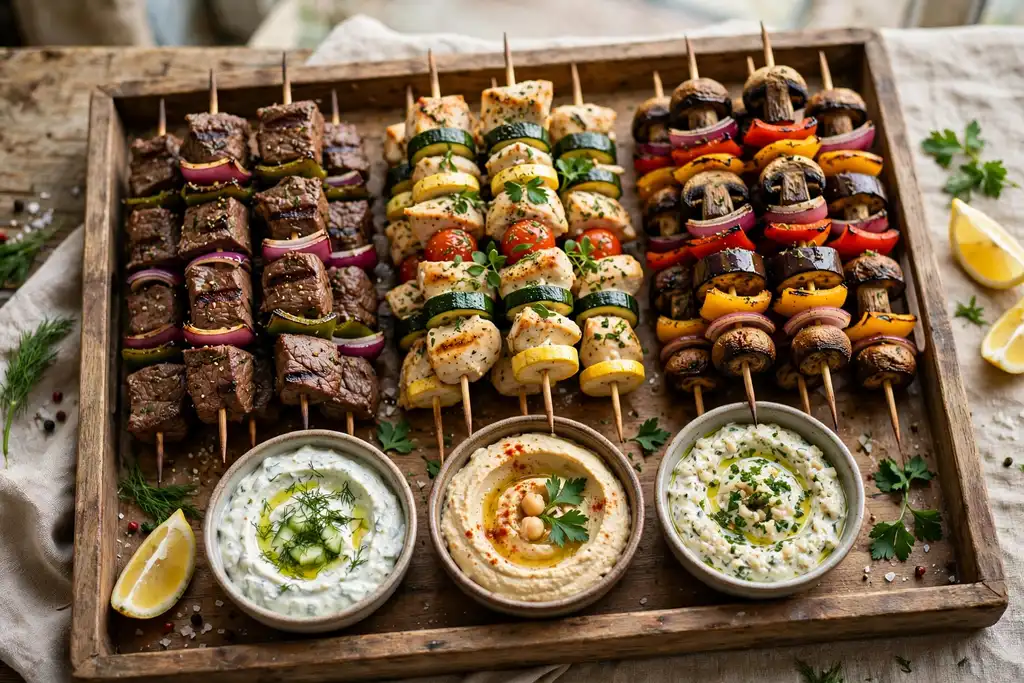Kabob tray grouped by theme with three dip bowls at the end of the tray.