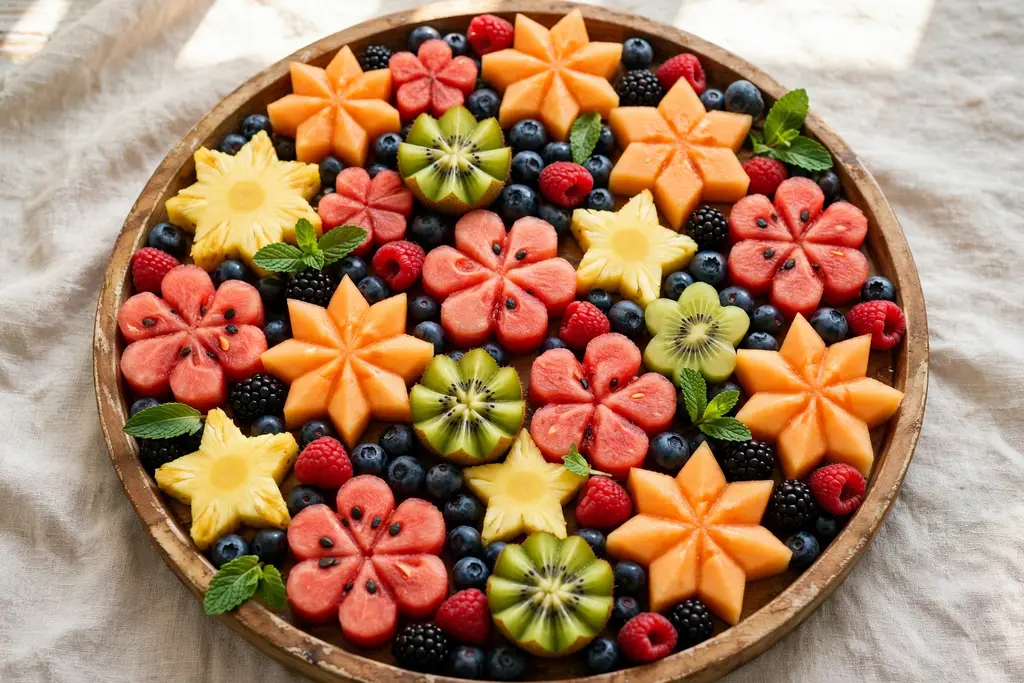 Bright tray of fruit cut into stars and flowers with berries filling the gaps.