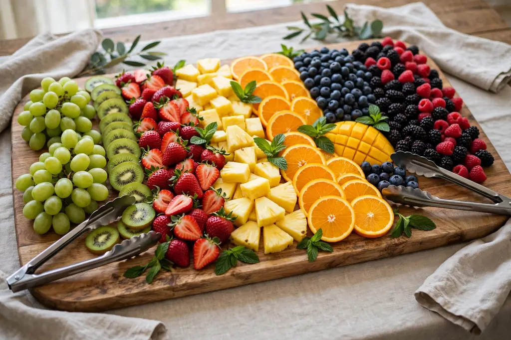 Large party fruit tray arranged in zones with tongs at each end.