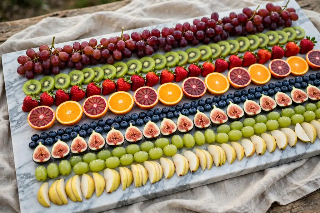 Long marble slab with fruit arranged in straight rows for a buffet table.