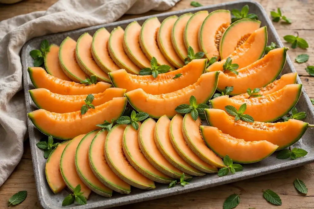 Melon wedges fanned in overlapping rows on a wide tray with mint leaves.