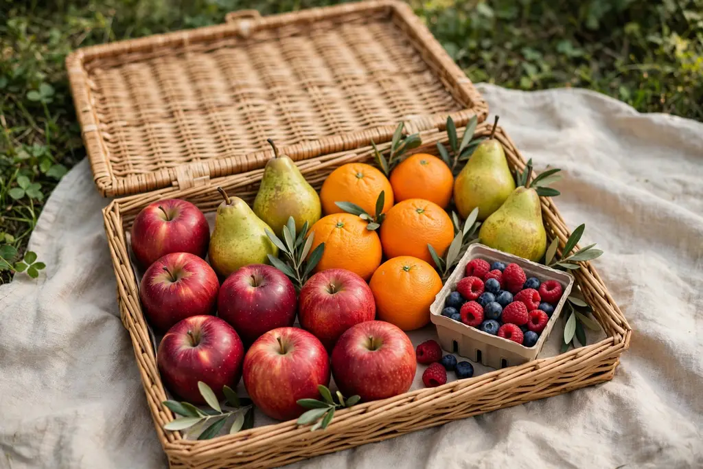 Picnic fruit tray in a shallow lidded basket with sturdy fruit and a small berry box.