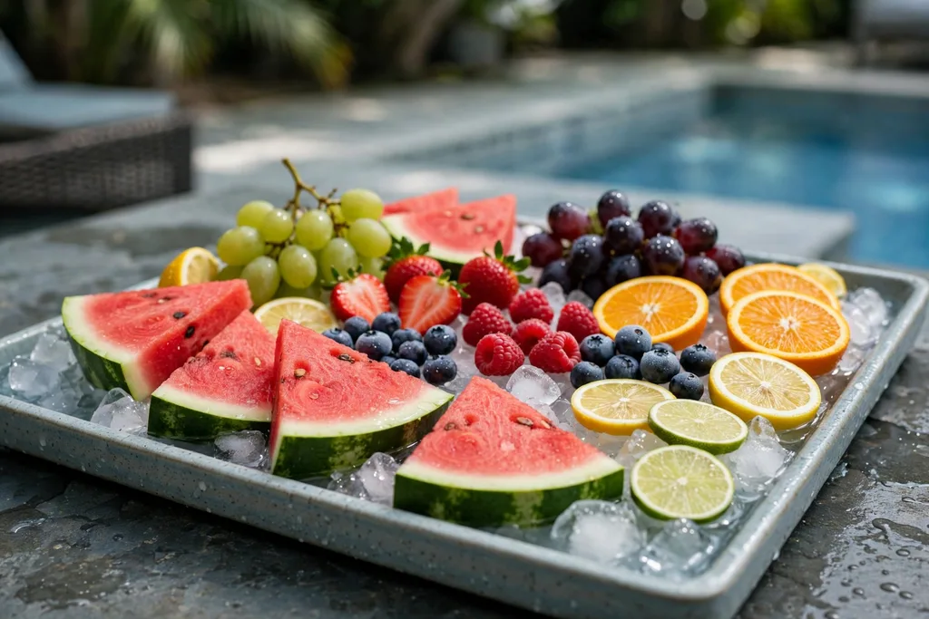 Poolside fruit tray set over ice with watermelon, grapes, berries, and citrus in shade.