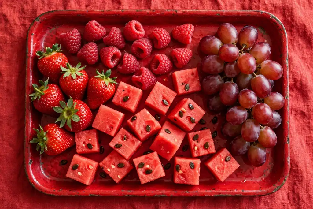 Red only fruit tray with strawberries, raspberries, grapes, and watermelon cubes.