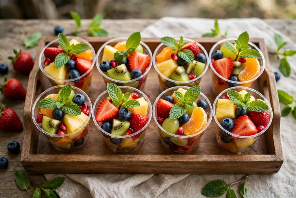 Tray of small fruit cups filled with mixed cut fruit and topped with mint leaves.