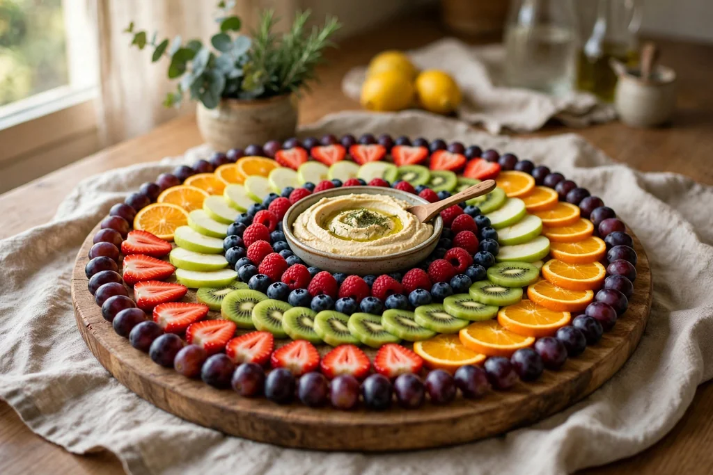 Round wood board with fruit arranged in concentric rings and a dip bowl in the center.