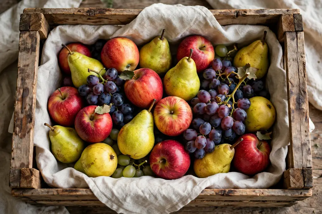 Rustic wood crate tray lined with cloth and filled with apples, pears, and grapes.