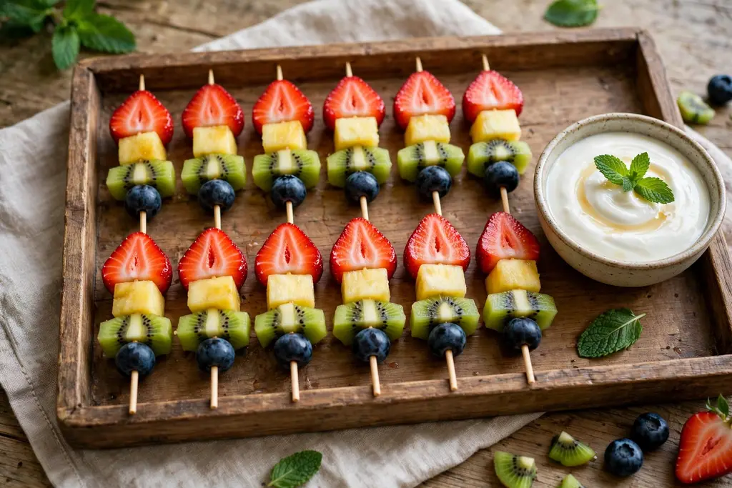 Tray of short fruit skewers laid in neat rows with a dip bowl at one end.