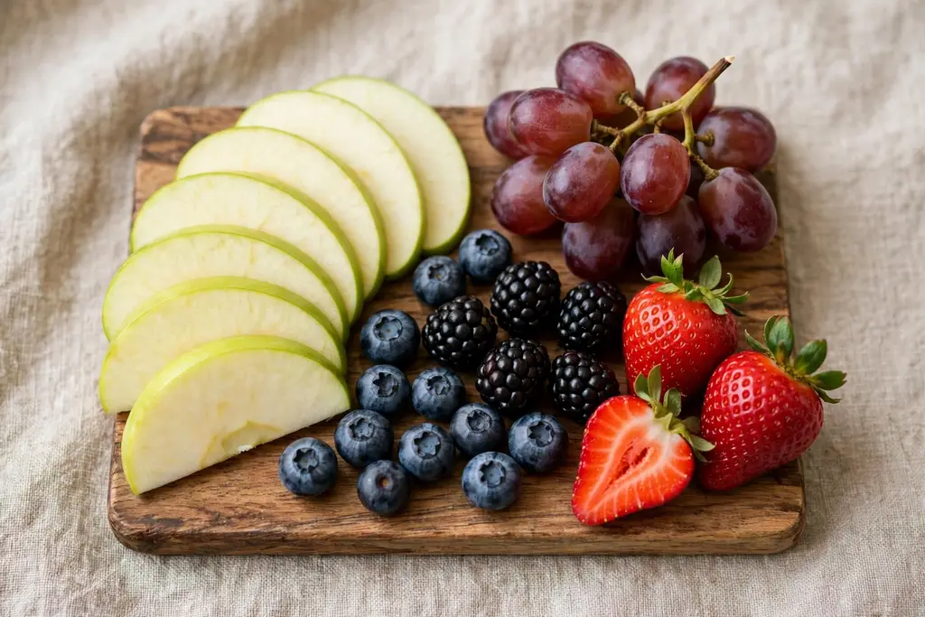 Small fruit board for one person with sliced apple, grapes, berries, and strawberries.