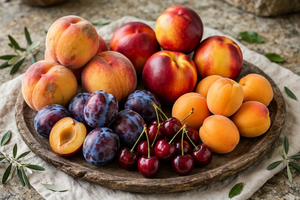 Stone fruit tray with peaches, nectarines, plums, cherries, and apricots grouped together.