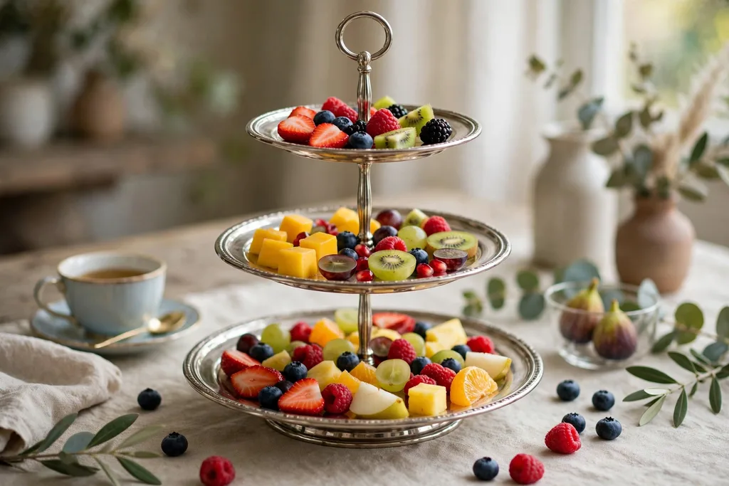 Tiered cake stand with small fruit pieces on each level for afternoon tea.