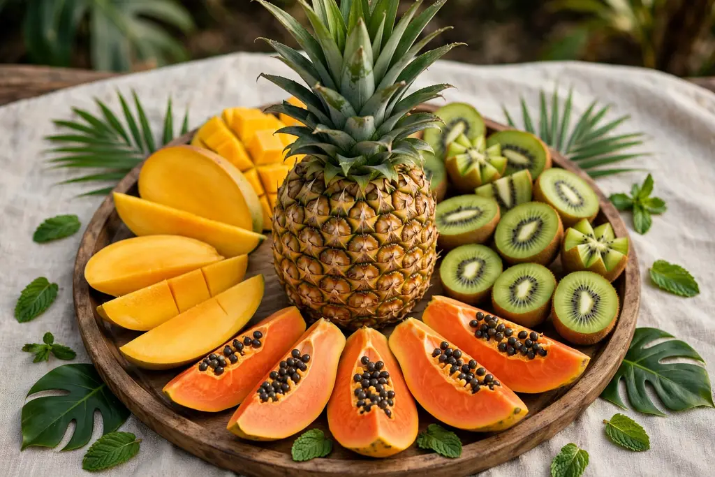 Tropical fruit tray with a pineapple centerpiece surrounded by mango, kiwi, and papaya.