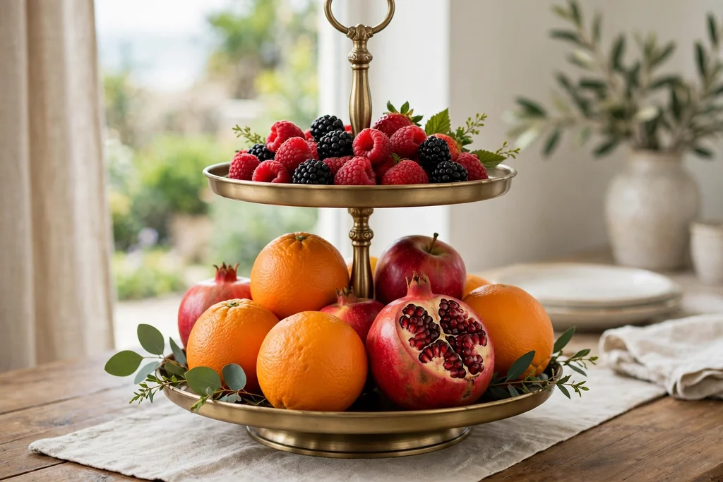 Two tier stand with large fruit below and small soft fruit on the top tier.