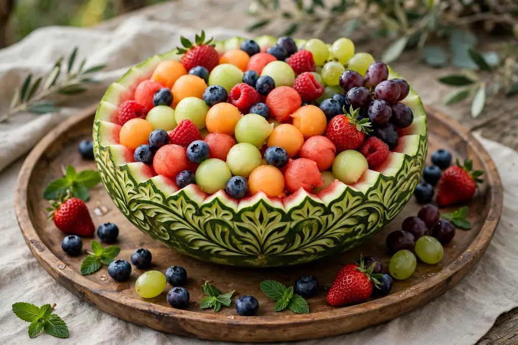 Carved watermelon bowl filled with melon balls, berries, and grapes on a large tray.