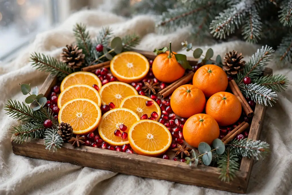 Winter tray with sliced citrus, whole clementines, and pomegranate seeds.