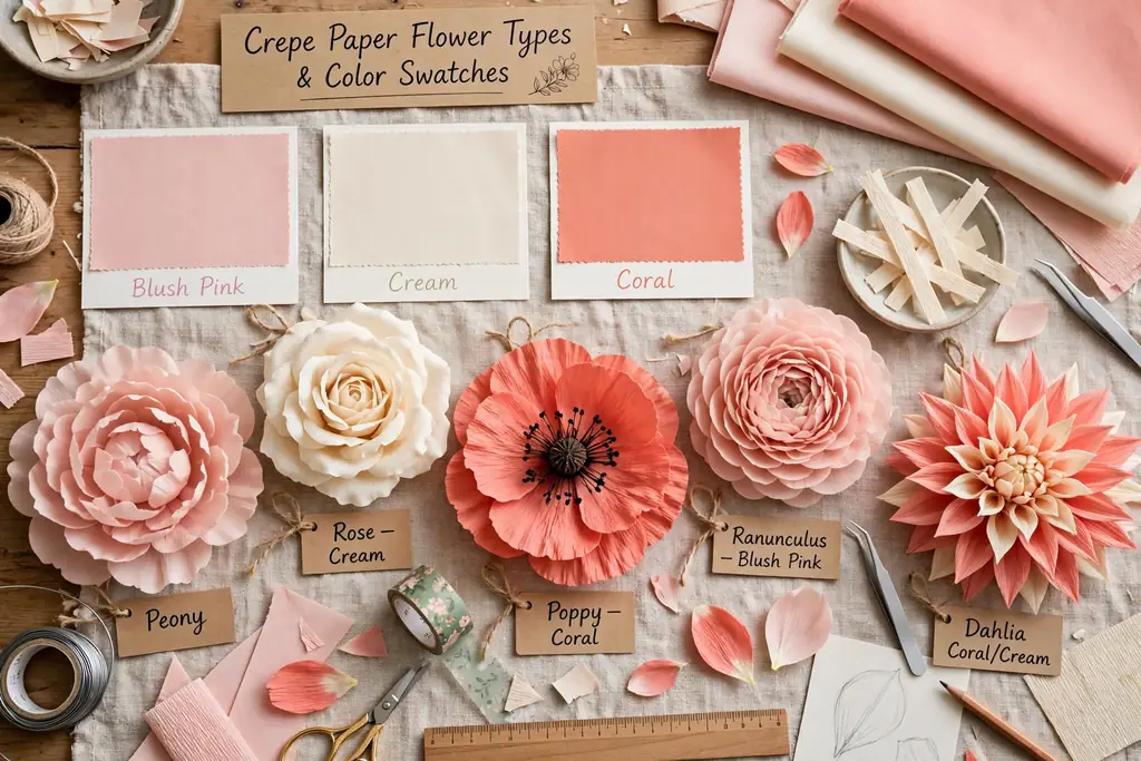 Crepe paper flower types and color swatches in blush pink