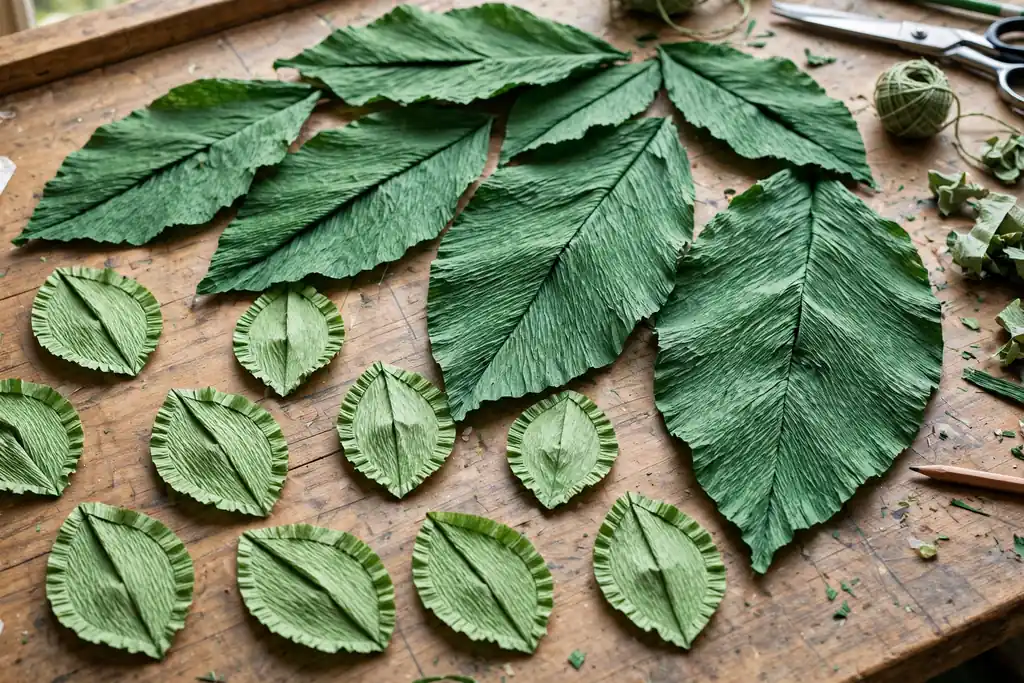 Green crepe paper leaves in two sizes with a center crease on a work table.