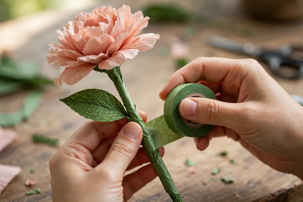 Hands wrapping a crepe paper flower stem with green floral tape and fixing a leaf.