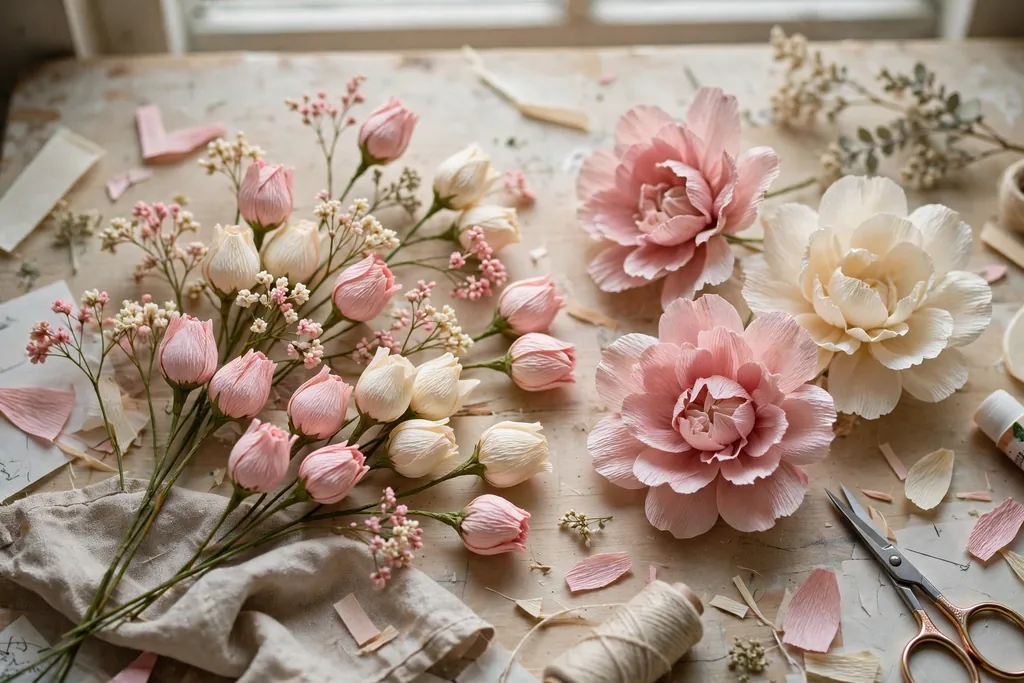 Small crepe paper buds and tiny filler sprigs in pink and cream beside open paper flowers.