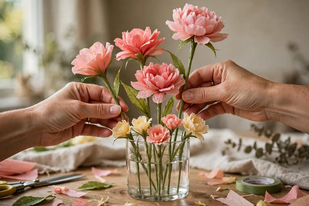 Hands arranging crepe paper flowers in a glass vase with tall stems at the back.