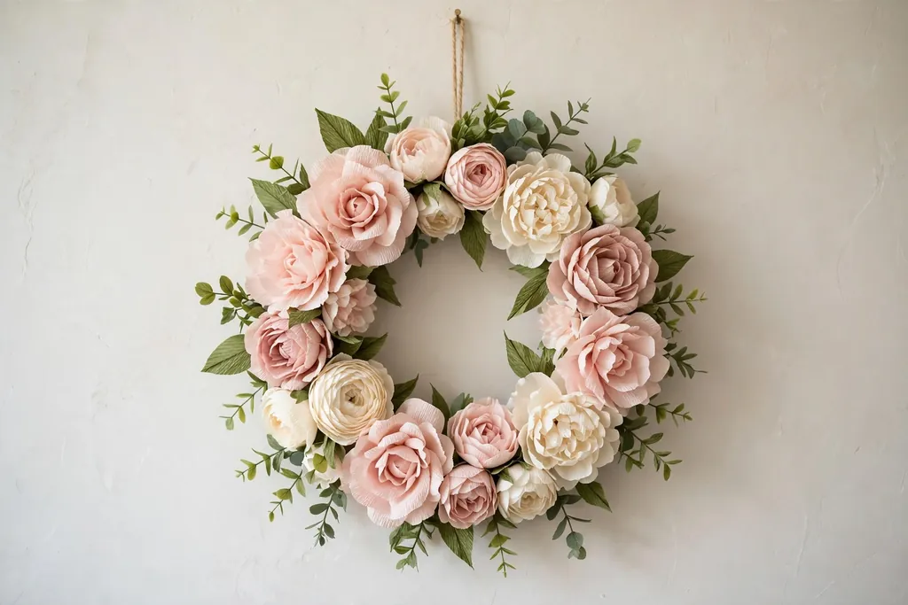 Crepe paper flower wreath with blush pink and cream blooms and green leaves on a pale wall.