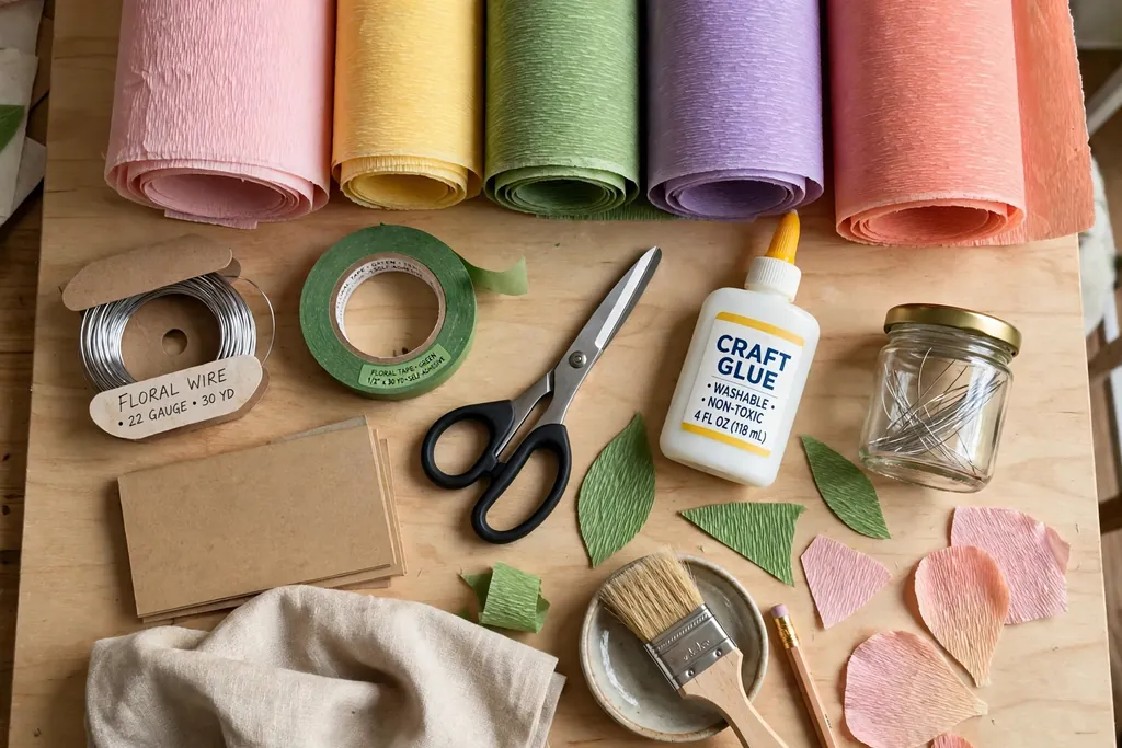 Craft work table with crepe paper rolls