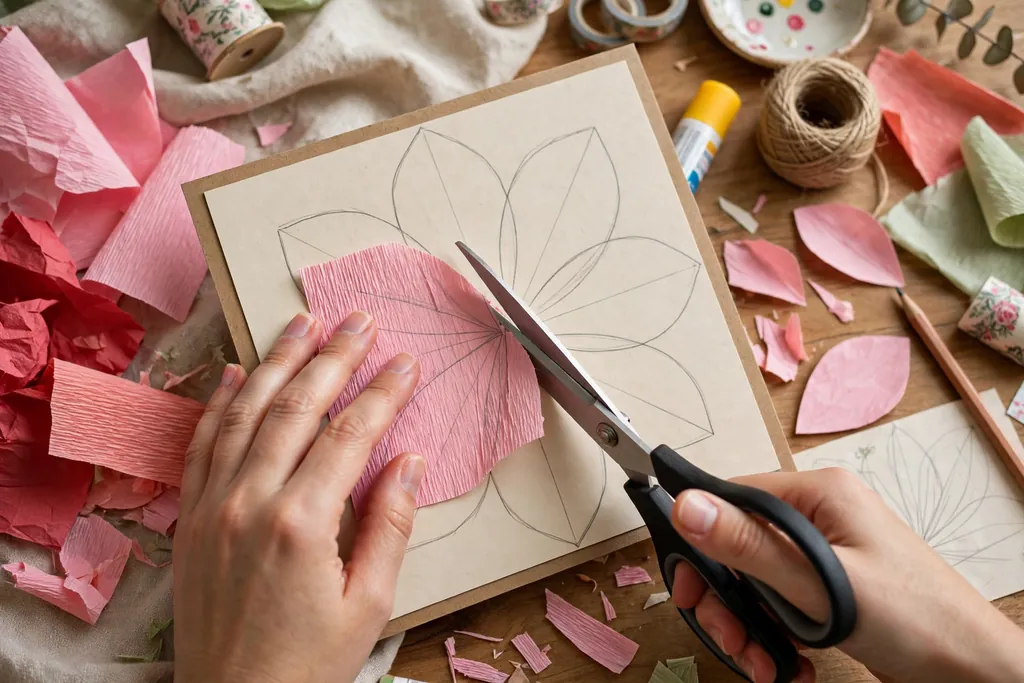 Hands cutting crepe paper petals from a card template with the grain running base to tip.