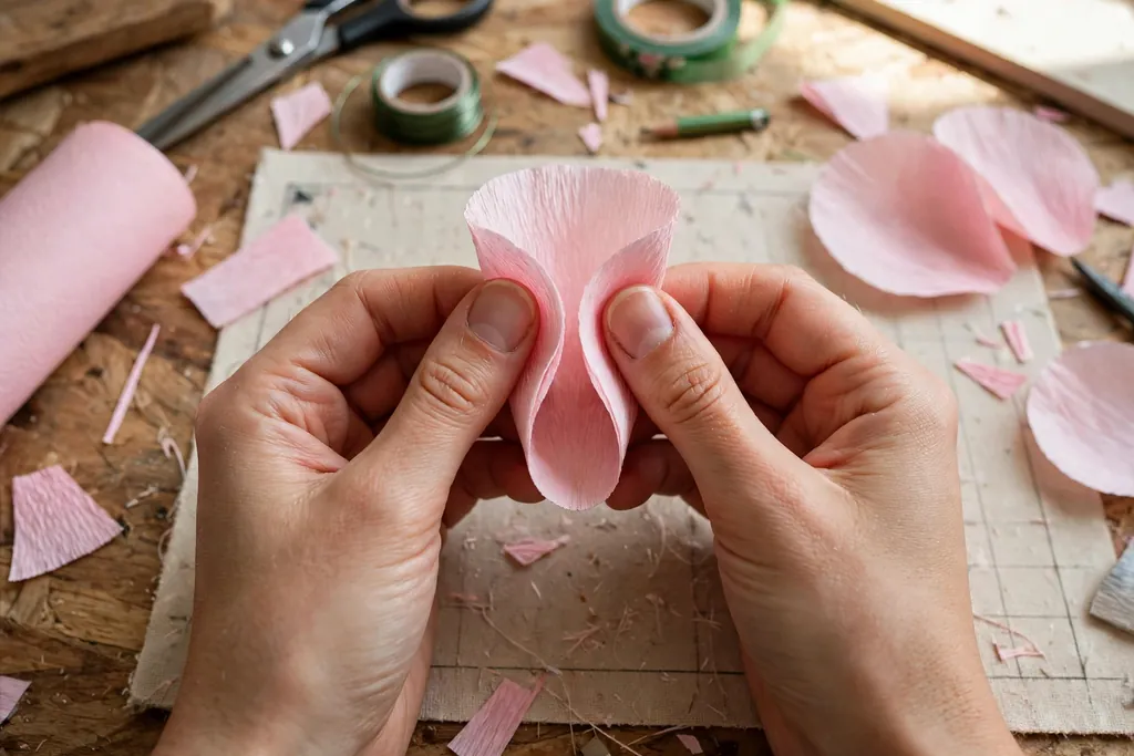 Hands cupping a crepe paper petal between thumbs to shape a curved petal.